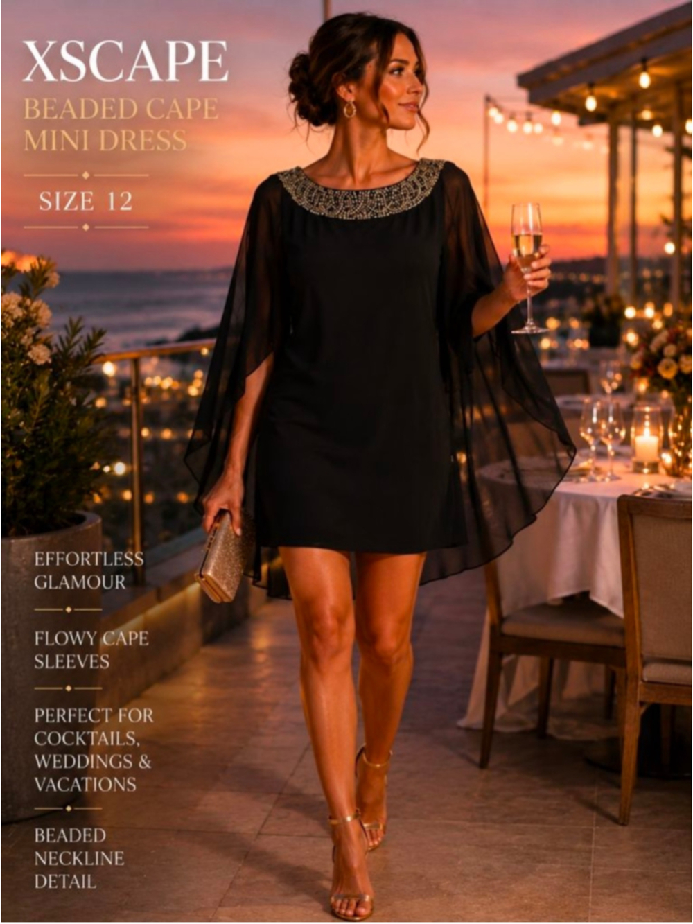 XSCAPE Black Beaded Cape Sleeve Mini Dress Size 12 Cocktail Party Glam